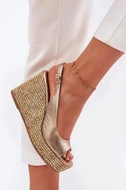 Laura Messi Sandały Na Koturnie*Skórzane Sandały Damskie Na Koturnie Z Plecionką 2789 Złote