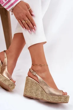 Laura Messi Sandały Na Koturnie*Skórzane Sandały Damskie Na Koturnie Z Plecionką 2789 Złote