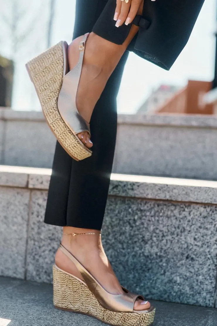 Laura Messi Sandały Na Koturnie*Skórzane Sandały Damskie Na Koturnie Z Plecionką 2789 Złote