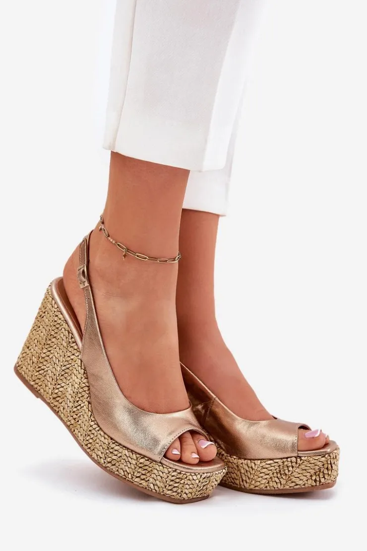 Laura Messi Sandały Na Koturnie*Skórzane Sandały Damskie Na Koturnie Z Plecionką 2789 Złote