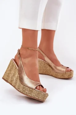 Laura Messi Sandały Na Koturnie*Skórzane Sandały Damskie Na Koturnie Z Plecionką 2789 Złote