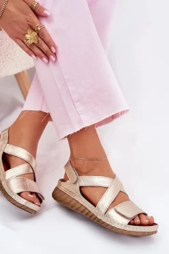 Maciejka Sandały Na Koturnie|Sandały Płaskie*Skórzane Sandały Damskie Na Rzep L6848-25 Złote Złoty