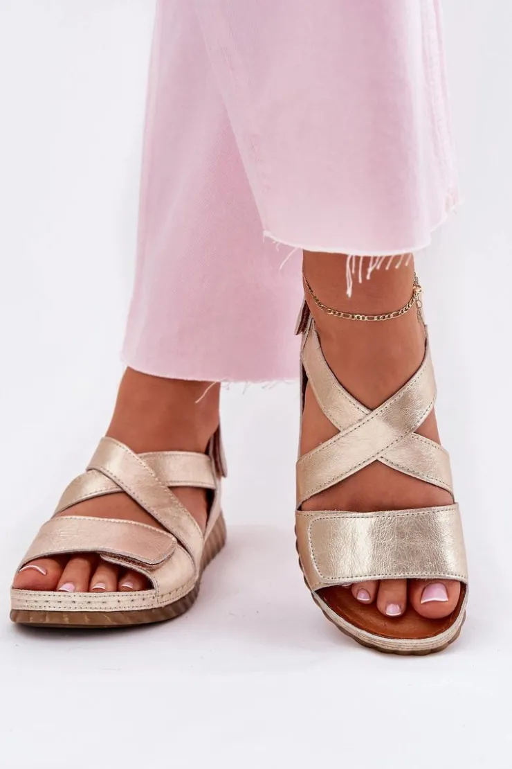 Maciejka Sandały Na Koturnie|Sandały Płaskie*Skórzane Sandały Damskie Na Rzep L6848-25 Złote Złoty