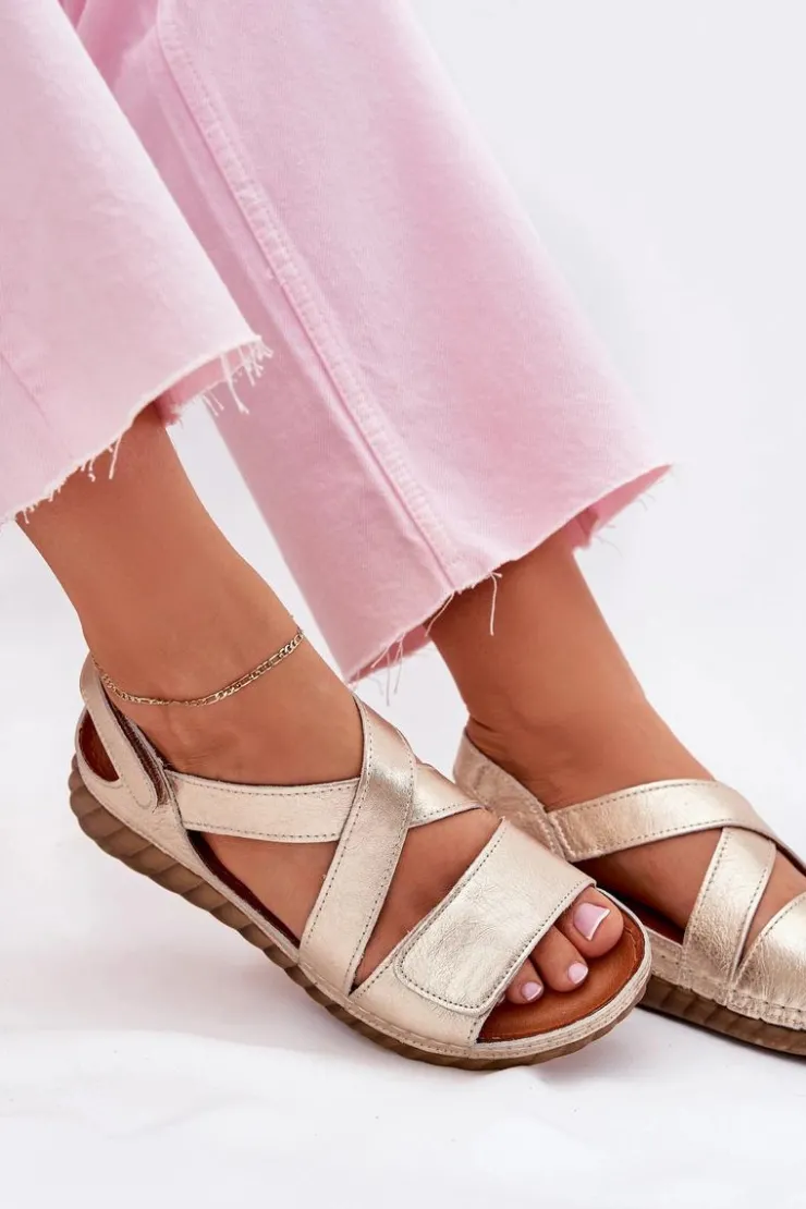 Maciejka Sandały Na Koturnie|Sandały Płaskie*Skórzane Sandały Damskie Na Rzep L6848-25 Złote Złoty