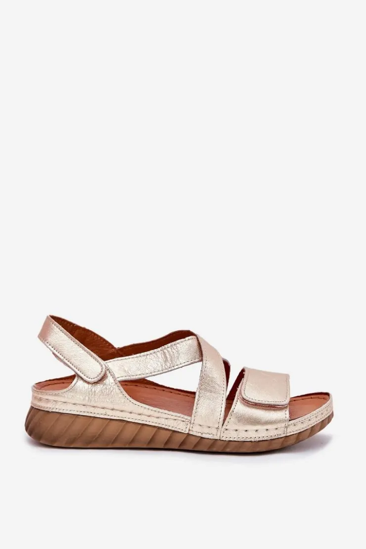 Maciejka Sandały Na Koturnie|Sandały Płaskie*Skórzane Sandały Damskie Na Rzep L6848-25 Złote Złoty