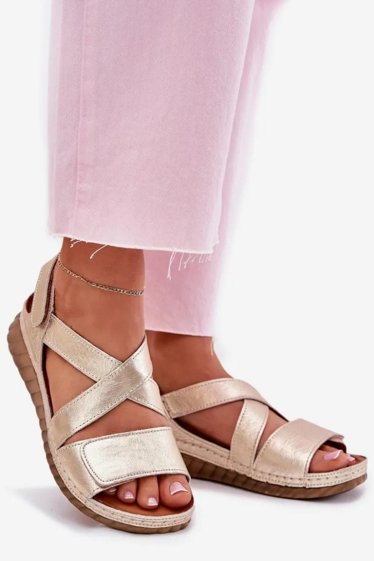 Maciejka Sandały Na Koturnie|Sandały Płaskie*Skórzane Sandały Damskie Na Rzep L6848-25 Złote Złoty