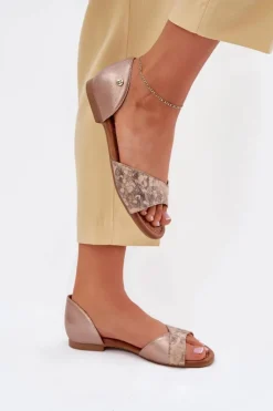 Maciejka Skórzane Sandały Damskie Na Płaskim Obcasie 06947-25 Złote