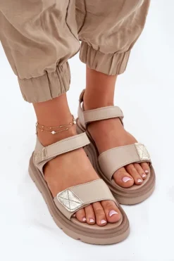 Damskie Zazoo Skórzane Sandały Damskie Na Platformie 40443 Beżowe