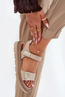 Damskie Zazoo Skórzane Sandały Damskie Na Platformie 40443 Beżowe