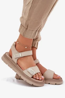 Damskie Zazoo Skórzane Sandały Damskie Na Platformie 40443 Beżowe