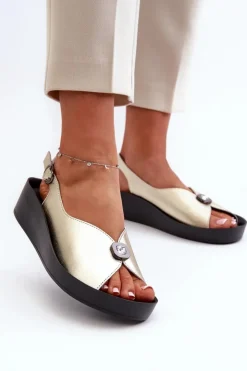 Outlet Damskie buty S.Barski Skórzane Sandały Damskie Na Koturnie I Platformie S.Barski KV51-020 Złote Złoty