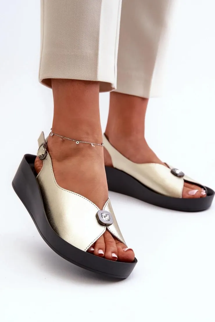 Outlet Damskie buty S.Barski Skórzane Sandały Damskie Na Koturnie I Platformie S.Barski KV51-020 Złote Złoty