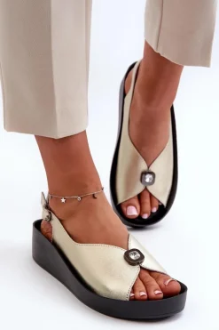 Outlet Damskie buty S.Barski Skórzane Sandały Damskie Na Koturnie I Platformie S.Barski KV51-020 Złote Złoty