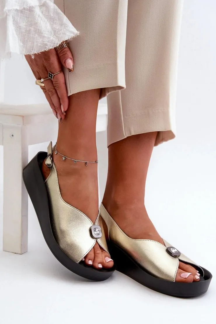 Outlet Damskie buty S.Barski Skórzane Sandały Damskie Na Koturnie I Platformie S.Barski KV51-020 Złote Złoty