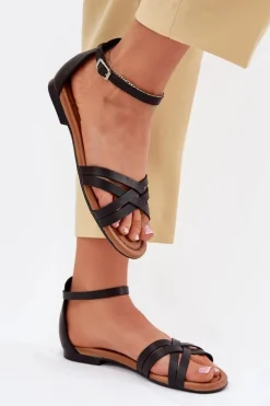 Maciejka Sandały Płaskie*Skórzane Sandały Damskie Na Płaskim Obcasie 07029-01 Czarne Czarny