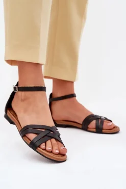 Maciejka Sandały Płaskie*Skórzane Sandały Damskie Na Płaskim Obcasie 07029-01 Czarne Czarny