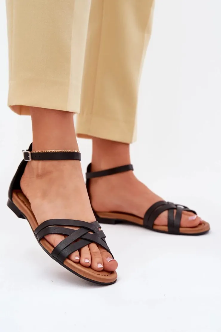 Maciejka Sandały Płaskie*Skórzane Sandały Damskie Na Płaskim Obcasie 07029-01 Czarne Czarny