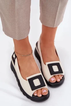 New Artiker Skórzane Sandały Damskie Na Koturnie z Ozdobą 56C1570 Beżowe Beżowy