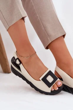 New Artiker Skórzane Sandały Damskie Na Koturnie z Ozdobą 56C1570 Beżowe Beżowy