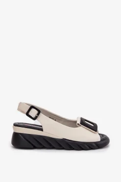 New Artiker Skórzane Sandały Damskie Na Koturnie z Ozdobą 56C1570 Beżowe Beżowy