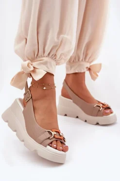 New Artiker Skórzane Sandały Damskie Na Koturnie I Platformie Z Ozdobą 56C2208 Ciemnobeżowe