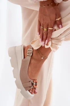 New Artiker Skórzane Sandały Damskie Na Koturnie I Platformie Z Ozdobą 56C2208 Ciemnobeżowe