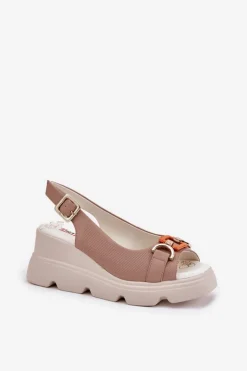 New Artiker Skórzane Sandały Damskie Na Koturnie I Platformie Z Ozdobą 56C2208 Ciemnobeżowe