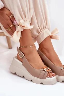 New Artiker Skórzane Sandały Damskie Na Koturnie I Platformie Z Ozdobą 56C2208 Ciemnobeżowe