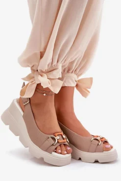 New Artiker Skórzane Sandały Damskie Na Koturnie I Platformie Z Ozdobą 56C2208 Ciemnobeżowe