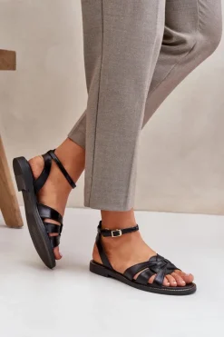 Boto Sandały Płaskie*Skórzane Sandały Damskie Na Płaskim Obcasie Zazoo 3688 Czarne Czarny