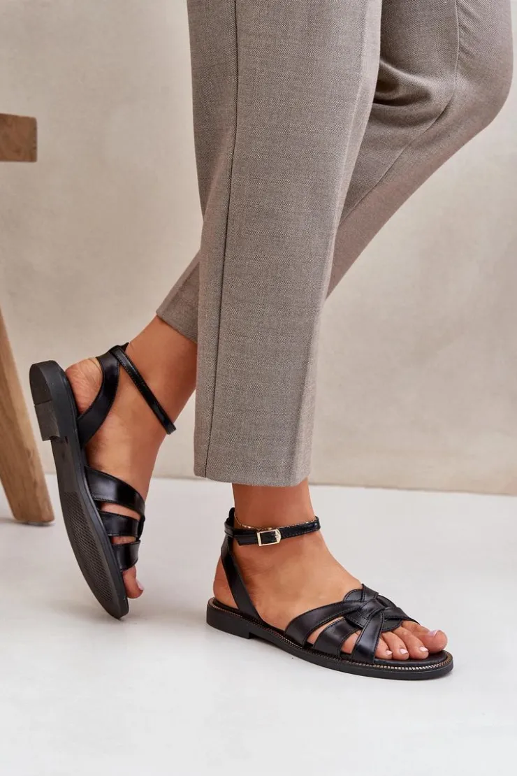 Boto Sandały Płaskie*Skórzane Sandały Damskie Na Płaskim Obcasie Zazoo 3688 Czarne Czarny