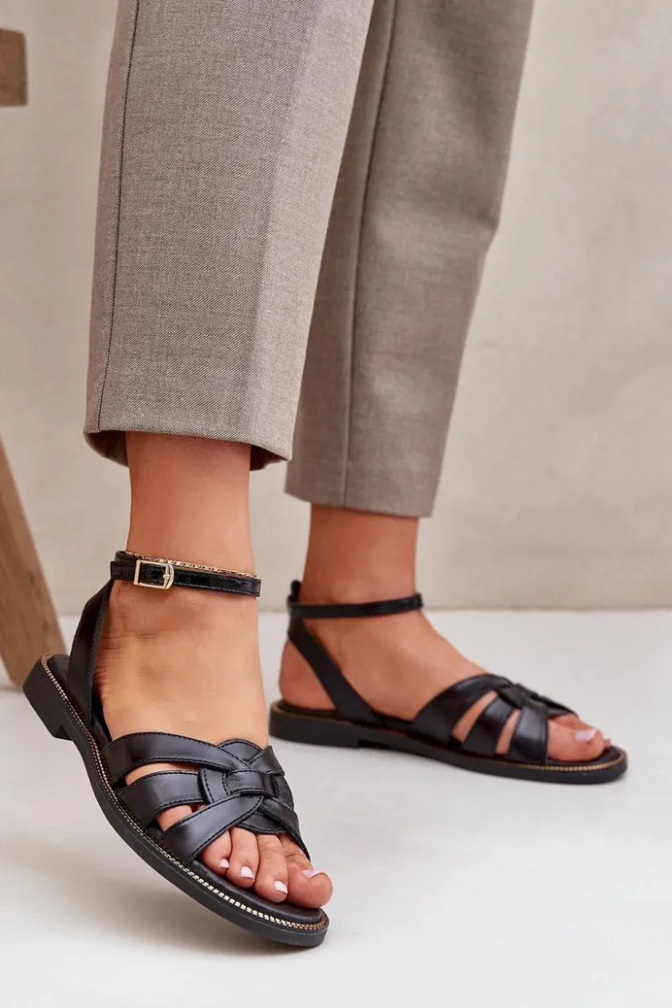 Boto Sandały Płaskie*Skórzane Sandały Damskie Na Płaskim Obcasie Zazoo 3688 Czarne Czarny