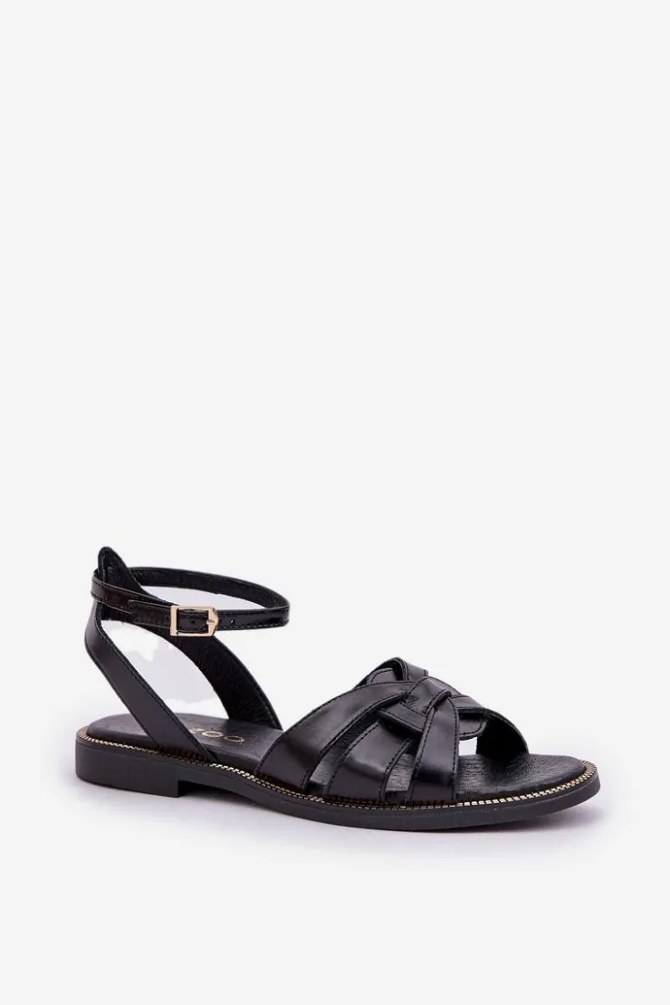 Boto Sandały Płaskie*Skórzane Sandały Damskie Na Płaskim Obcasie Zazoo 3688 Czarne Czarny