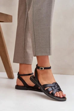 Boto Sandały Płaskie*Skórzane Sandały Damskie Na Płaskim Obcasie Zazoo 3688 Czarne Czarny