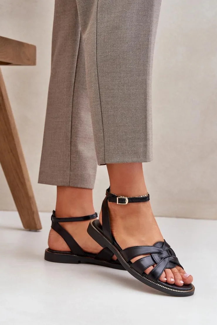 Boto Sandały Płaskie*Skórzane Sandały Damskie Na Płaskim Obcasie Zazoo 3688 Czarne Czarny