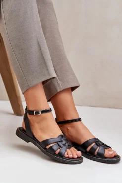 Boto Sandały Płaskie*Skórzane Sandały Damskie Na Płaskim Obcasie Zazoo 3688 Czarne Czarny