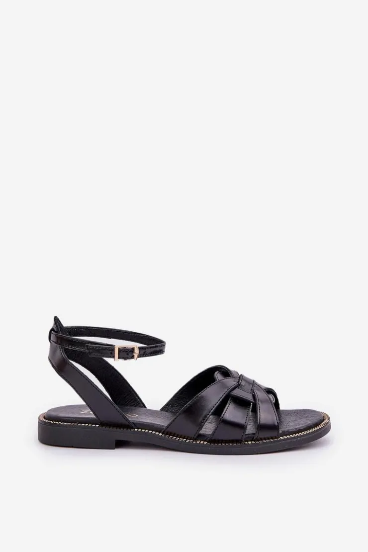 Boto Sandały Płaskie*Skórzane Sandały Damskie Na Płaskim Obcasie Zazoo 3688 Czarne Czarny