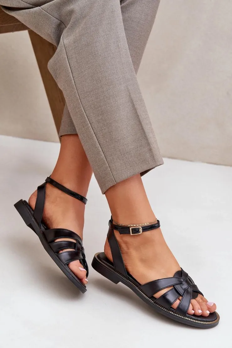 Boto Sandały Płaskie*Skórzane Sandały Damskie Na Płaskim Obcasie Zazoo 3688 Czarne Czarny