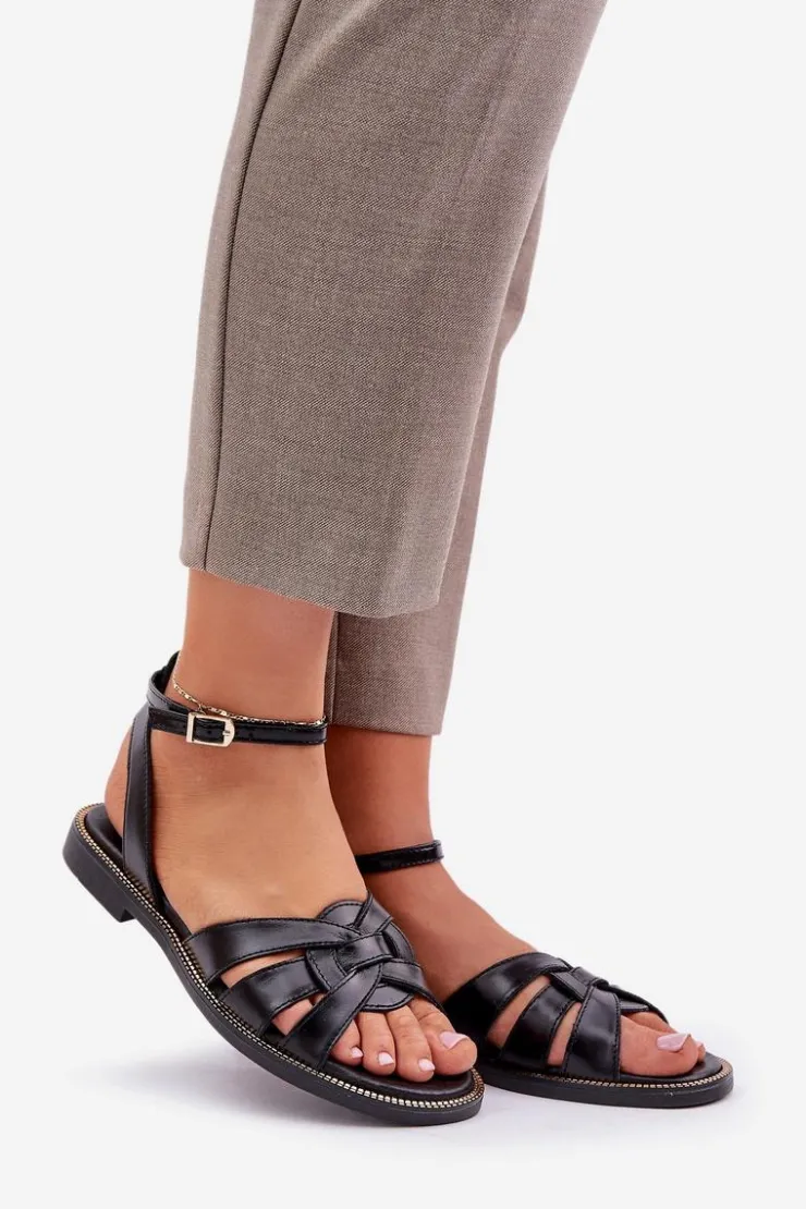 Boto Sandały Płaskie*Skórzane Sandały Damskie Na Płaskim Obcasie Zazoo 3688 Czarne Czarny