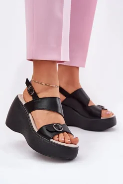 Damskie buty S.Barski Sandały Na Koturnie*Skórzane Sandały Damskie Na Koturnie I Platformie S.Barski LR51-540 Czarne Czarny