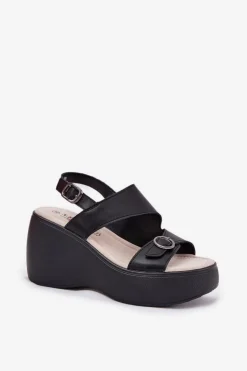 Damskie buty S.Barski Sandały Na Koturnie*Skórzane Sandały Damskie Na Koturnie I Platformie S.Barski LR51-540 Czarne Czarny