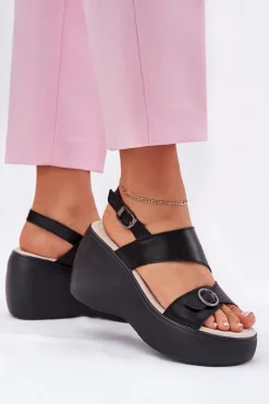 Damskie buty S.Barski Sandały Na Koturnie*Skórzane Sandały Damskie Na Koturnie I Platformie S.Barski LR51-540 Czarne Czarny