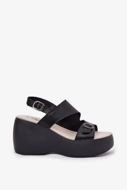 Damskie buty S.Barski Sandały Na Koturnie*Skórzane Sandały Damskie Na Koturnie I Platformie S.Barski LR51-540 Czarne Czarny