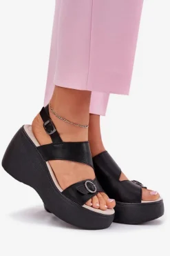 Damskie buty S.Barski Sandały Na Koturnie*Skórzane Sandały Damskie Na Koturnie I Platformie S.Barski LR51-540 Czarne Czarny