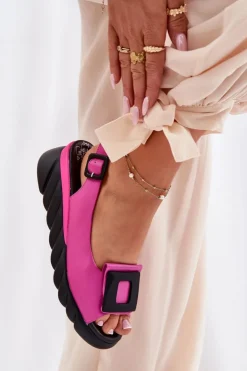 Artiker Sandały Z Cholewką|Sandały Na Koturnie*Skórzane Sandały Damskie Na Koturnie z Ozdobą 56C1571 Fuksja