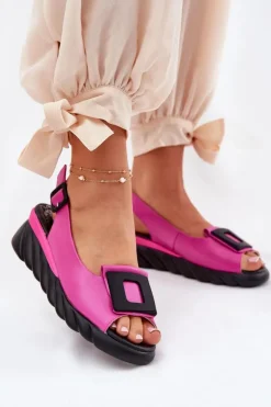 Artiker Sandały Z Cholewką|Sandały Na Koturnie*Skórzane Sandały Damskie Na Koturnie z Ozdobą 56C1571 Fuksja