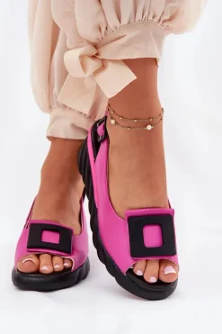 Artiker Sandały Z Cholewką|Sandały Na Koturnie*Skórzane Sandały Damskie Na Koturnie z Ozdobą 56C1571 Fuksja