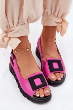 Artiker Sandały Z Cholewką|Sandały Na Koturnie*Skórzane Sandały Damskie Na Koturnie z Ozdobą 56C1571 Fuksja