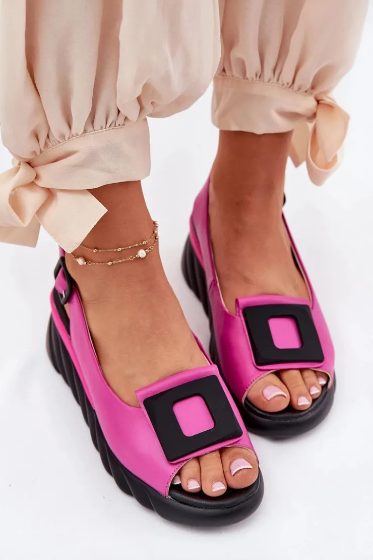 Artiker Sandały Z Cholewką|Sandały Na Koturnie*Skórzane Sandały Damskie Na Koturnie z Ozdobą 56C1571 Fuksja