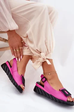 Artiker Sandały Z Cholewką|Sandały Na Koturnie*Skórzane Sandały Damskie Na Koturnie z Ozdobą 56C1571 Fuksja